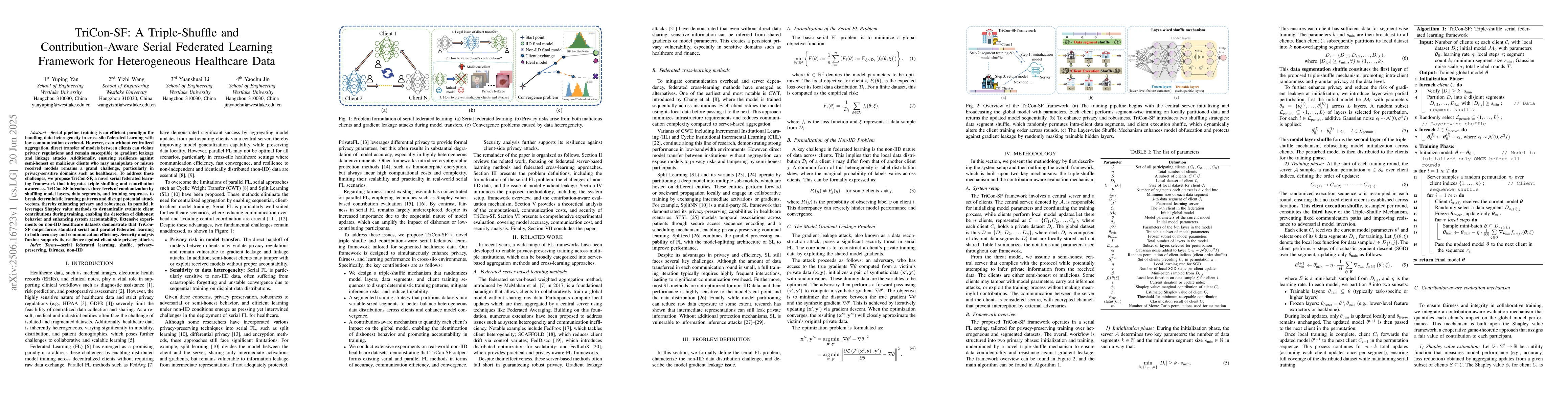 Thumbnail for TriCon-SF: A Triple-Shuffle and Contribution-Aware Serial Federated
  Learning Framework for Heterogeneous Healthcare Data