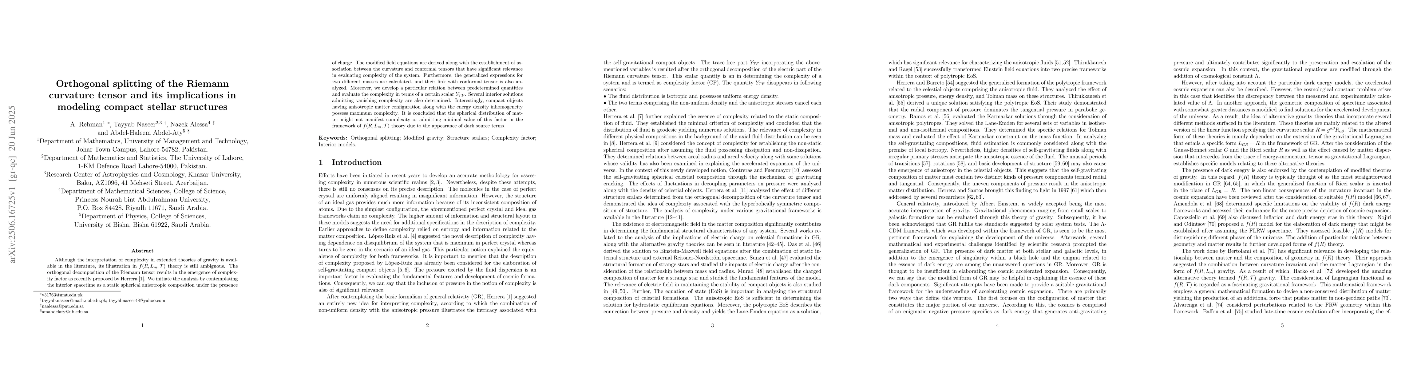 Thumbnail for Orthogonal splitting of the Riemann curvature tensor and its
  implications in modeling compact stellar structures