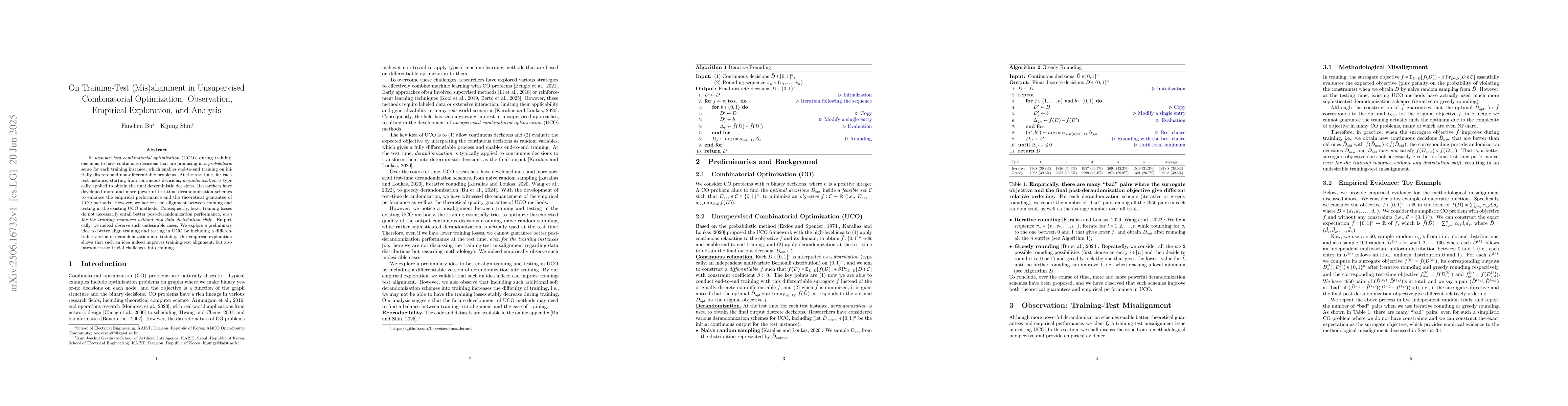 Thumbnail for On Training-Test (Mis)alignment in Unsupervised Combinatorial
  Optimization: Observation, Empirical Exploration, and Analysis