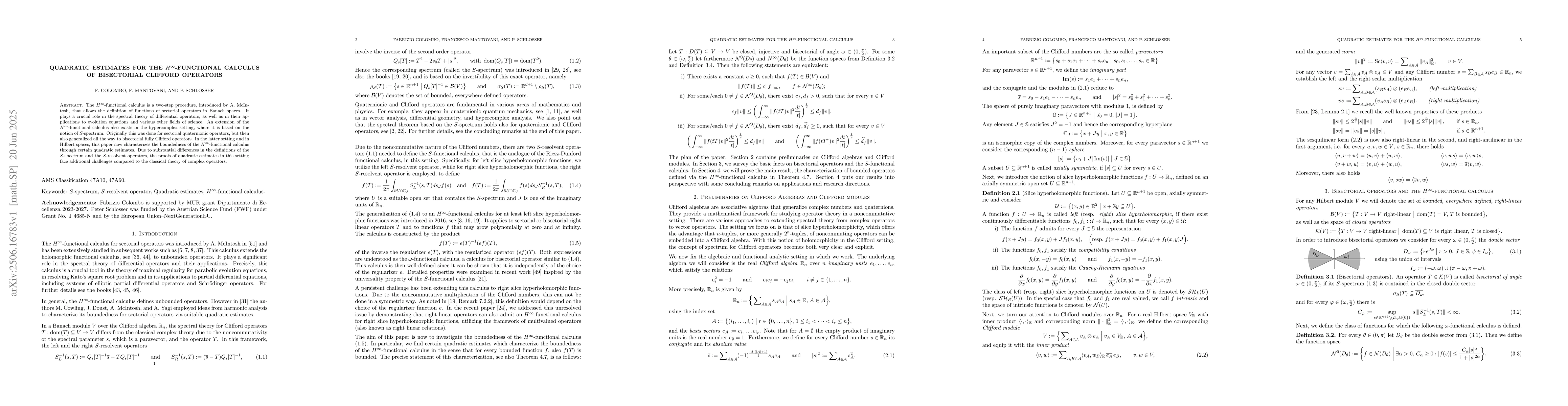Thumbnail for Quadratic estimates for the $H^\infty$-functional calculus of
  bisectorial Clifford operators
