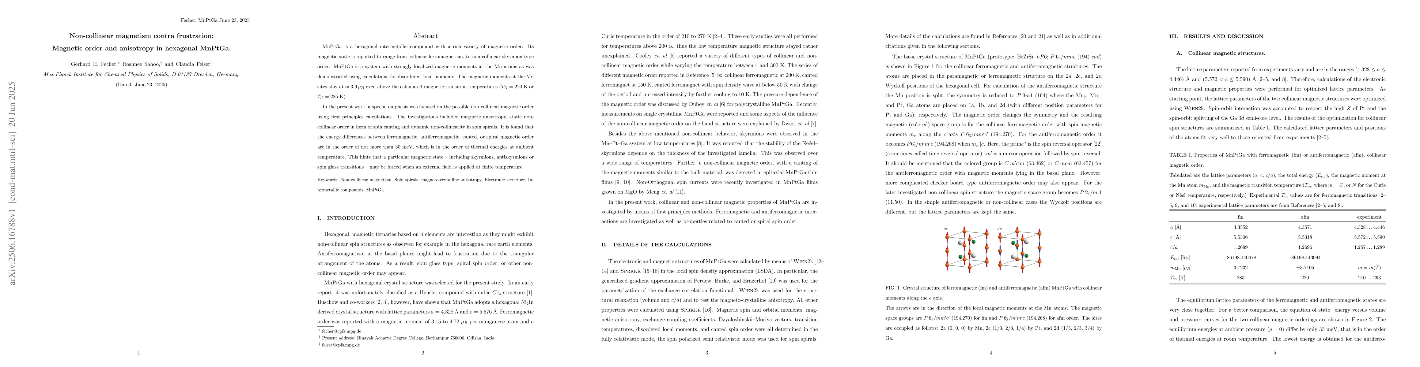 Thumbnail for Non-collinear magnetism contra frustration: Magnetic order and
  anisotropy in hexagonal MnPtGa