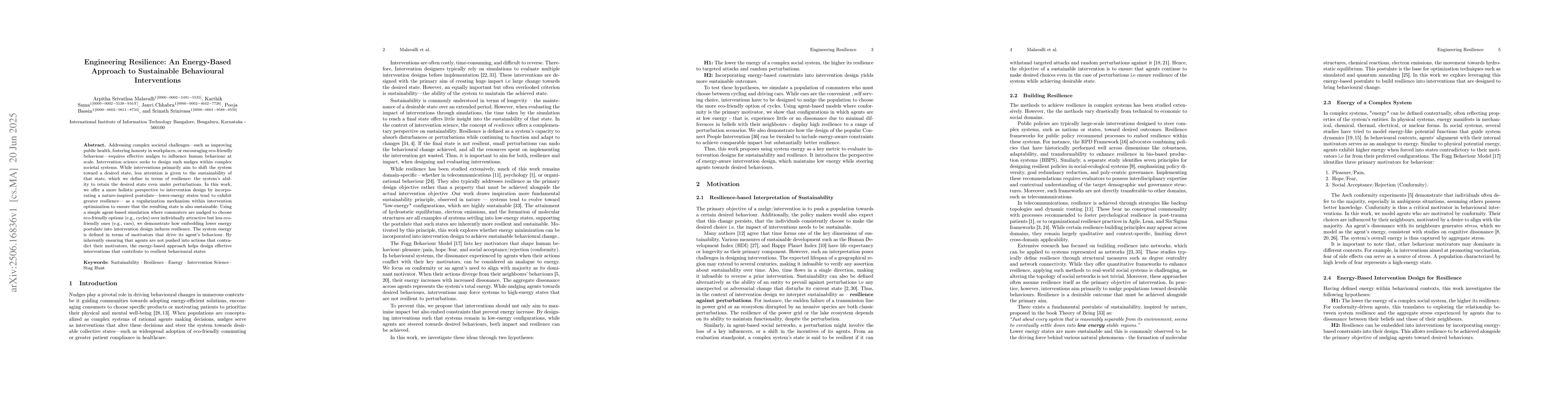 Thumbnail for Engineering Resilience: An Energy-Based Approach to Sustainable
  Behavioural Interventions