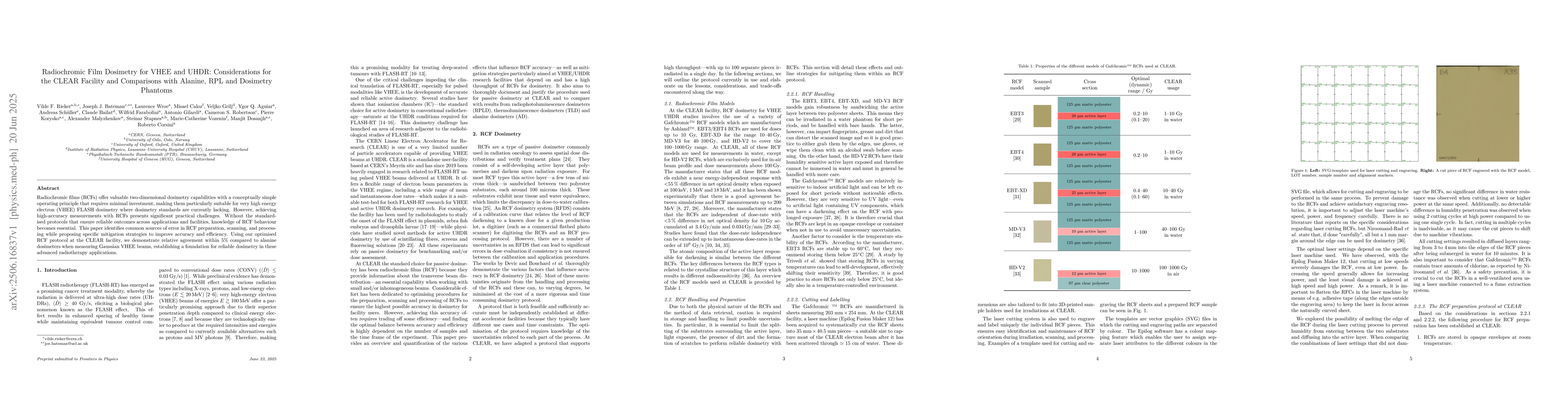 Thumbnail for Radiochromic Film Dosimetry for VHEE and UHDR: Considerations for the
  CLEAR Facility and Comparisons with Alanine, RPL and Dosimetry Phantoms
