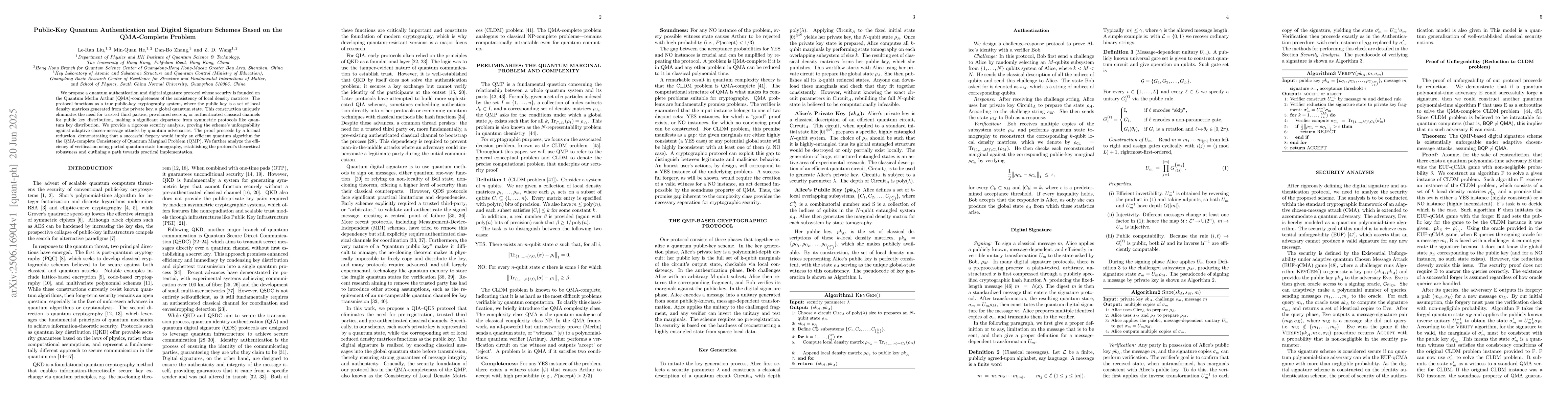 Thumbnail for Public-Key Quantum Authentication and Digital Signature Schemes Based on
  the QMA-Complete Problem