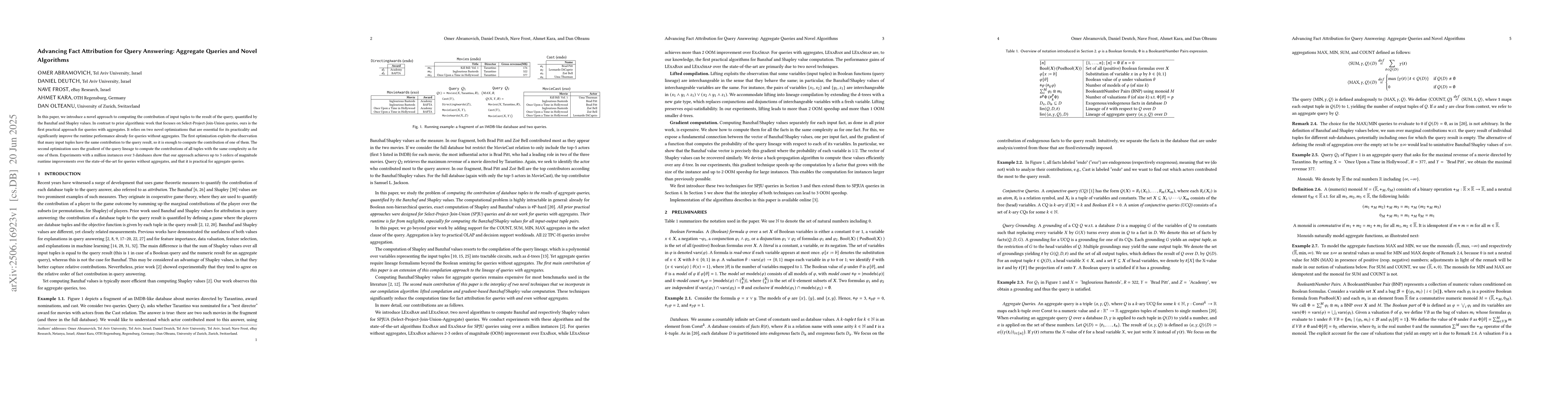 Thumbnail for Advancing Fact Attribution for Query Answering: Aggregate Queries and
  Novel Algorithms