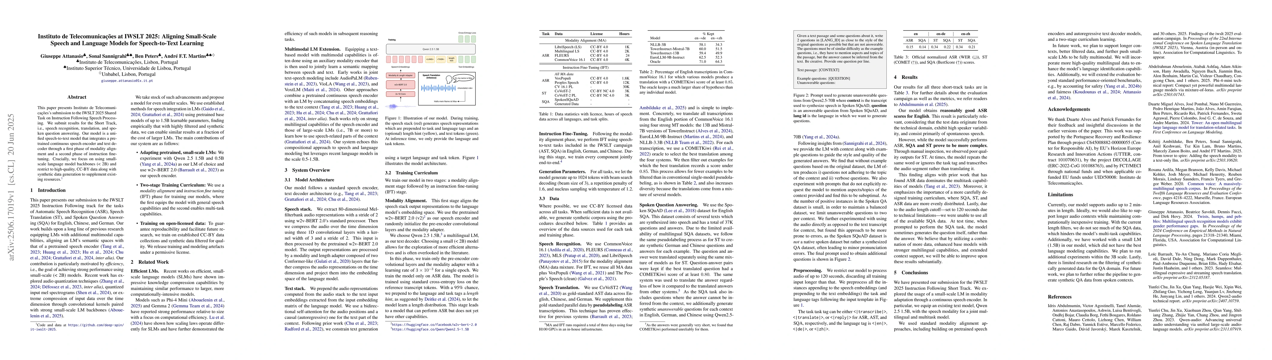 Thumbnail for Instituto de Telecomunicações at IWSLT 2025: Aligning Small-Scale
  Speech and Language Models for Speech-to-Text Learning