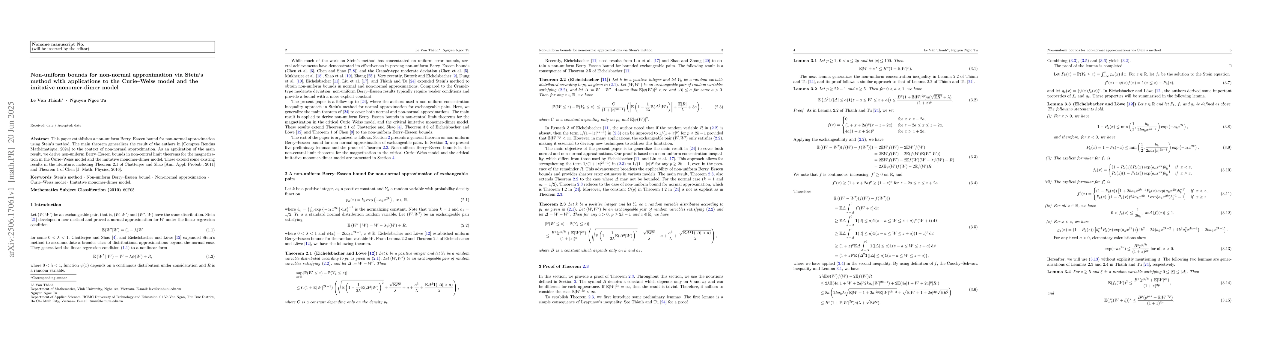 Thumbnail for Non-uniform bounds for non-normal approximation via Stein's method with
  applications to the Curie--Weiss model and the imitative monomer-dimer model