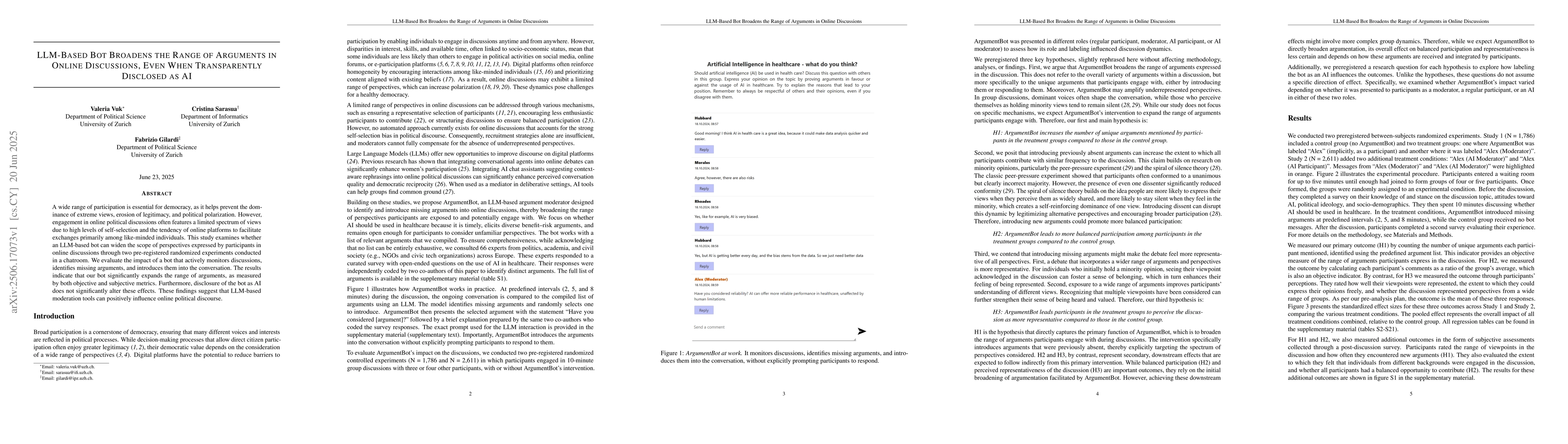Thumbnail for LLM-Based Bot Broadens the Range of Arguments in Online Discussions,
  Even When Transparently Disclosed as AI