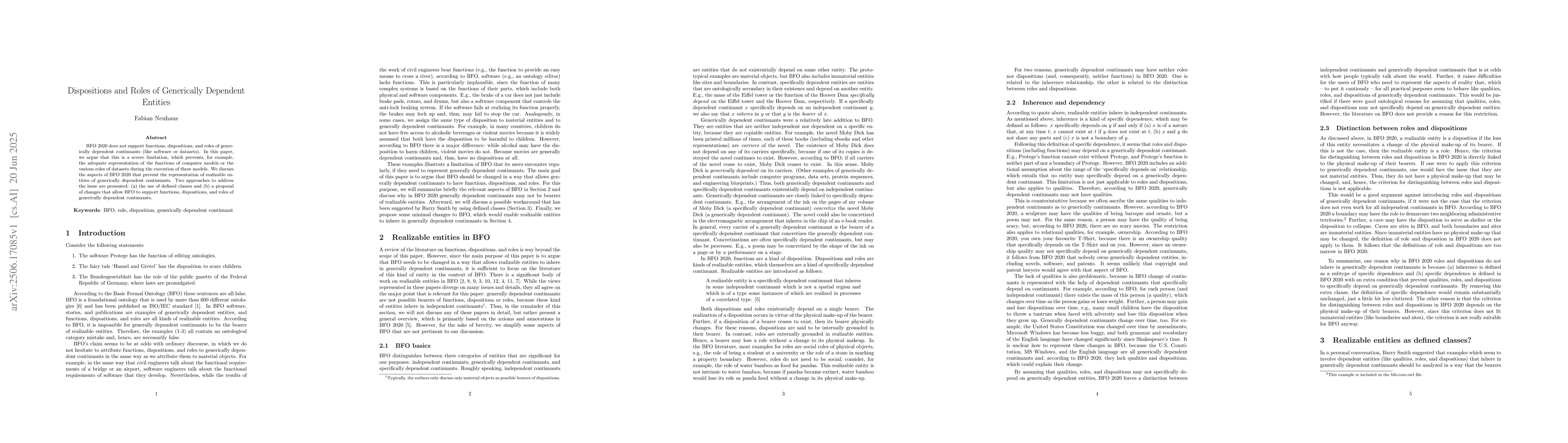 Thumbnail for Dispositions and Roles of Generically Dependent Entities