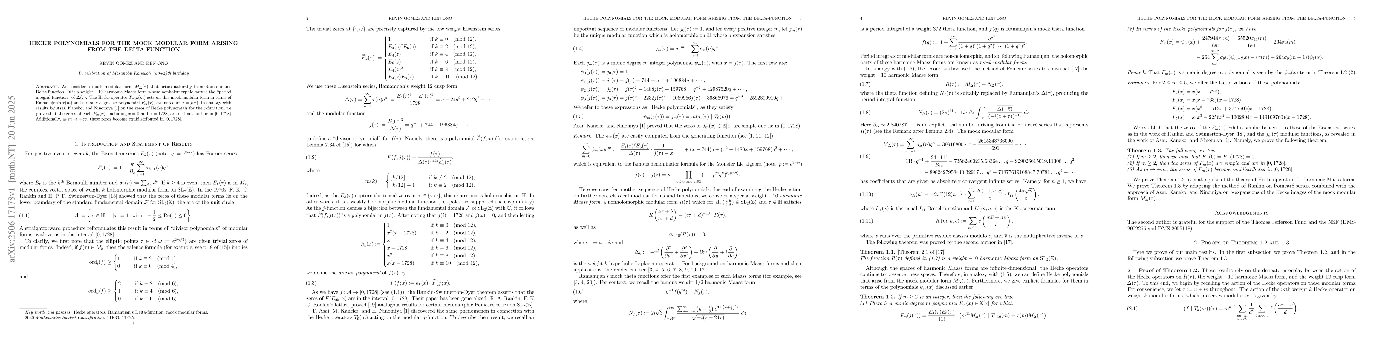 Thumbnail for Hecke polynomials for the mock modular form arising from the
  Delta-function