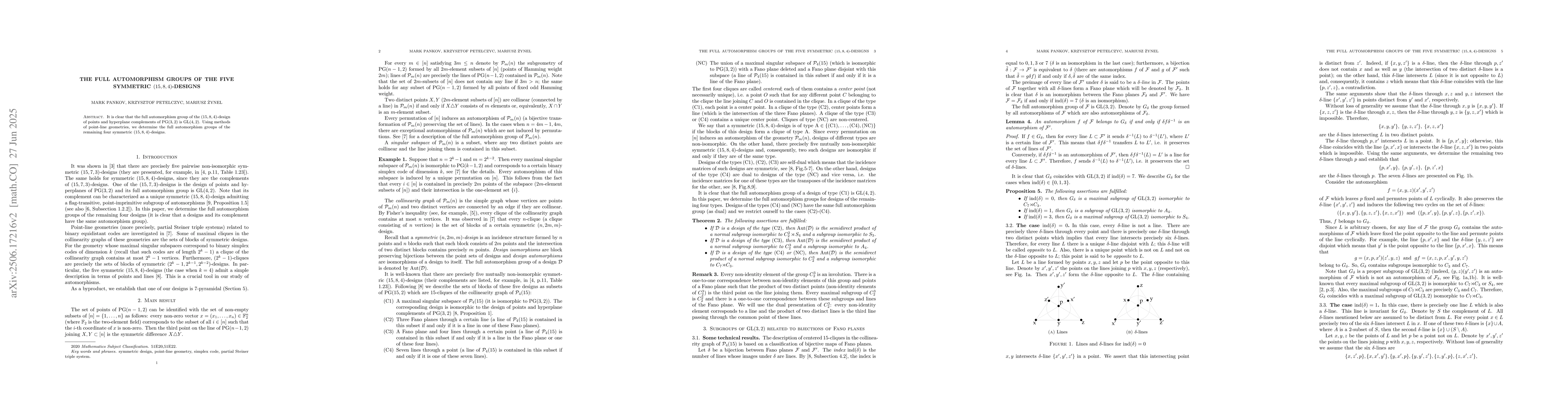 Thumbnail for The full automorphism groups of the five symmetric $(15,8,4)$-designs