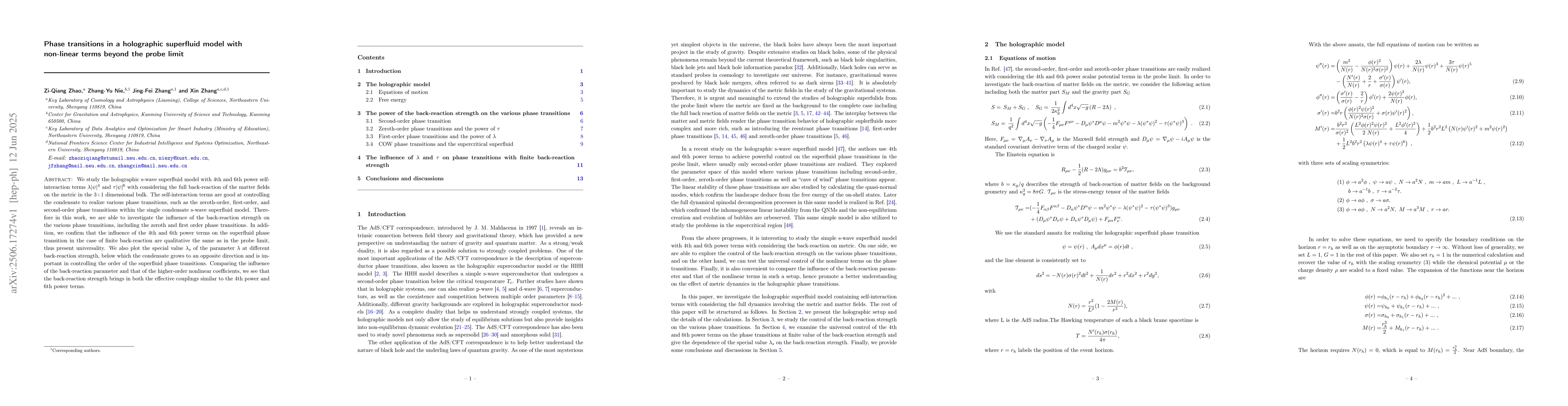Thumbnail for Phase transitions in a holographic superfluid model with non-linear
  terms beyond the probe limit