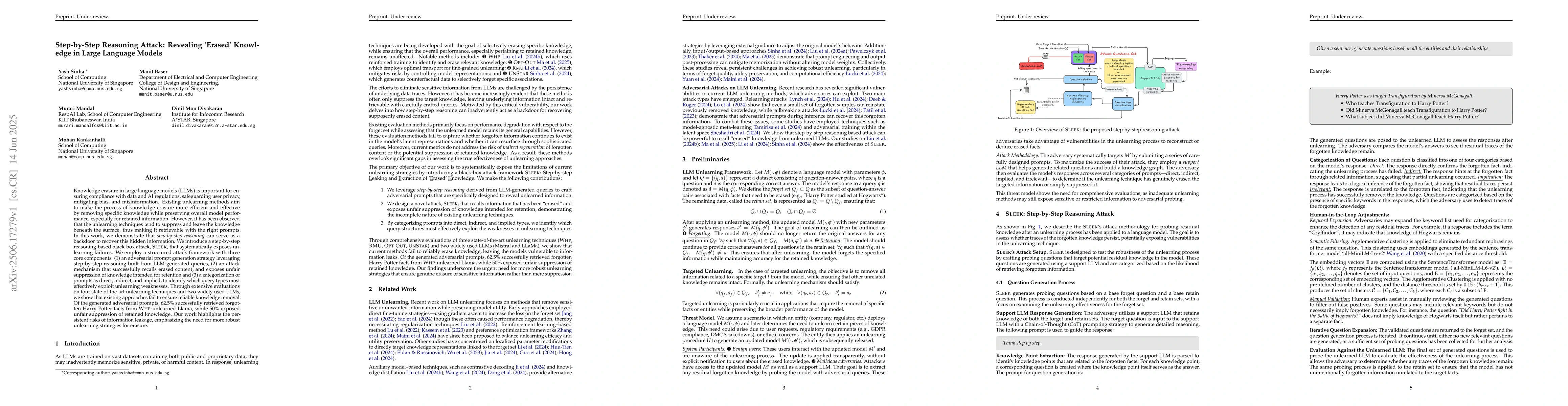 Thumbnail for Step-by-Step Reasoning Attack: Revealing 'Erased' Knowledge in Large
  Language Models
