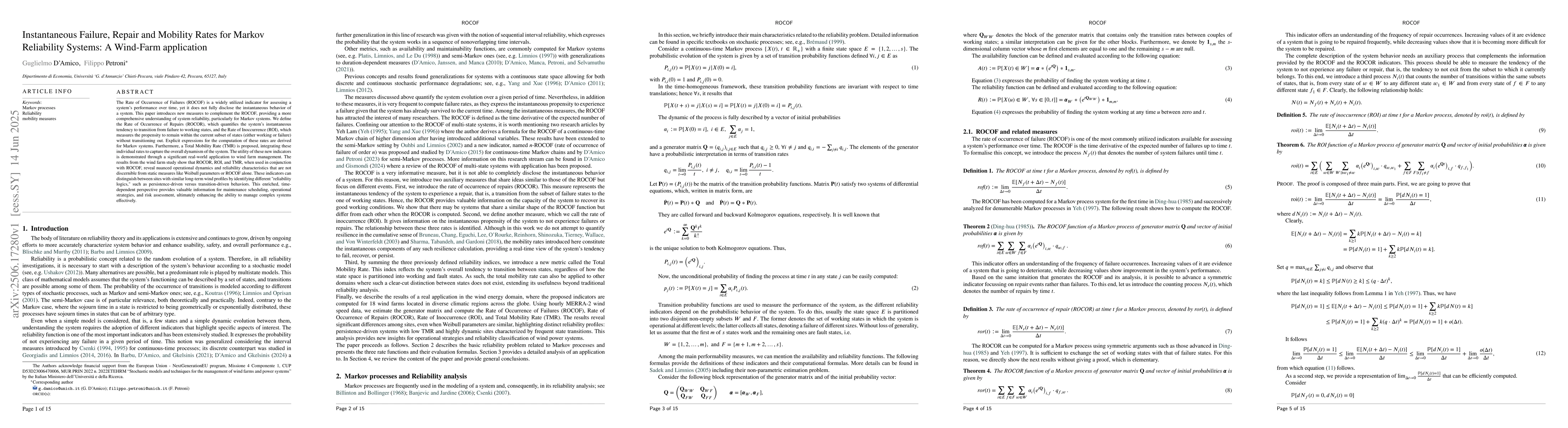 Thumbnail for Instantaneous Failure, Repair and Mobility Rates for Markov Reliability
  Systems: A Wind-Farm application