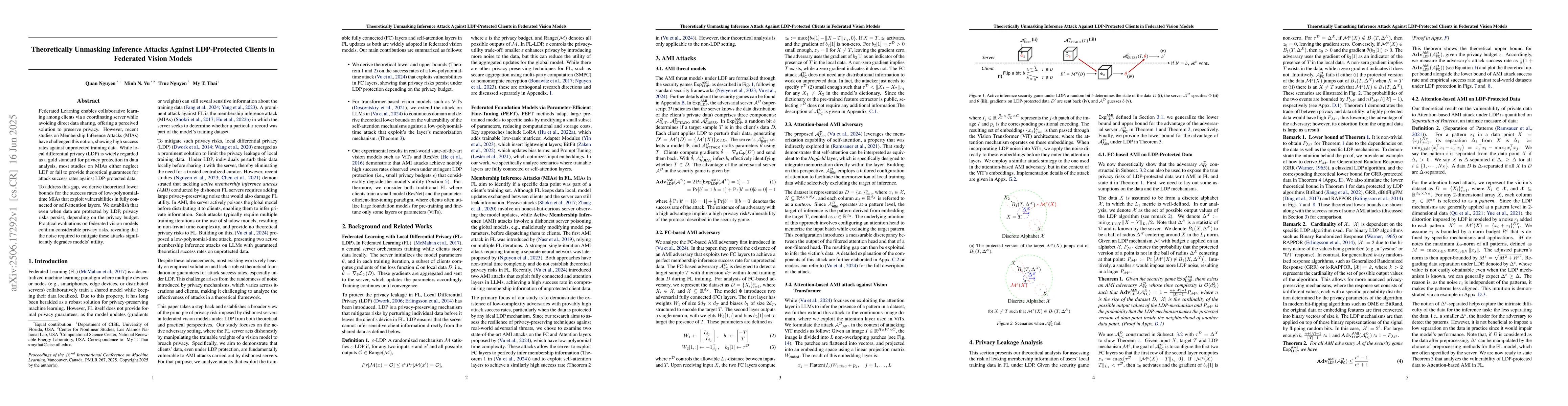 Thumbnail for Theoretically Unmasking Inference Attacks Against LDP-Protected Clients
  in Federated Vision Models