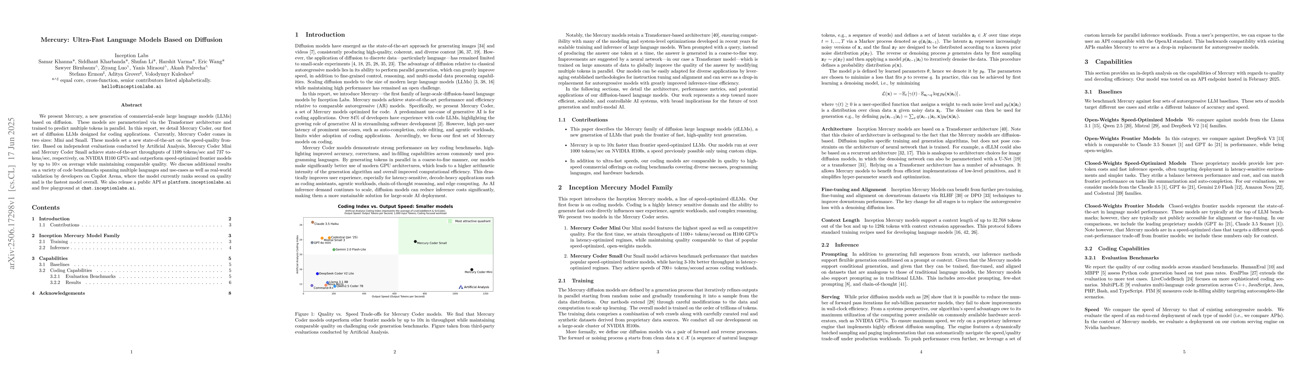 Thumbnail for Mercury: Ultra-Fast Language Models Based on Diffusion