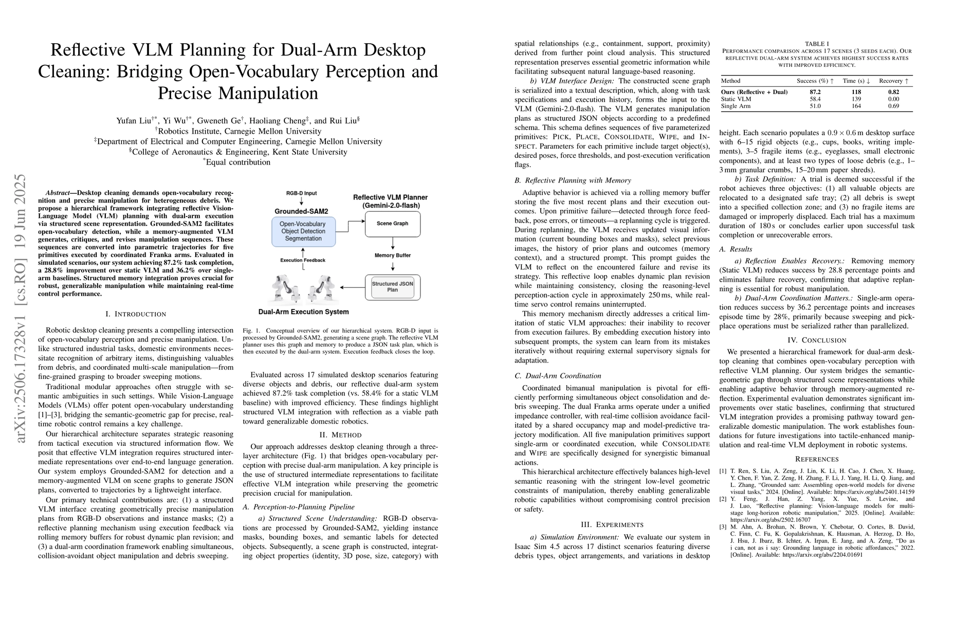Thumbnail for Reflective VLM Planning for Dual-Arm Desktop Cleaning: Bridging
  Open-Vocabulary Perception and Precise Manipulation