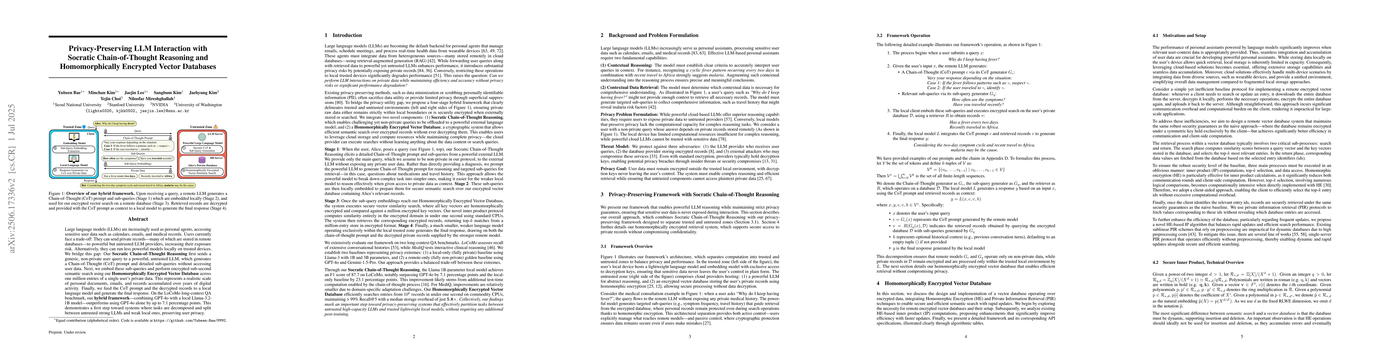 Thumbnail for Privacy-Preserving LLM Interaction with Socratic Chain-of-Thought
  Reasoning and Homomorphically Encrypted Vector Databases