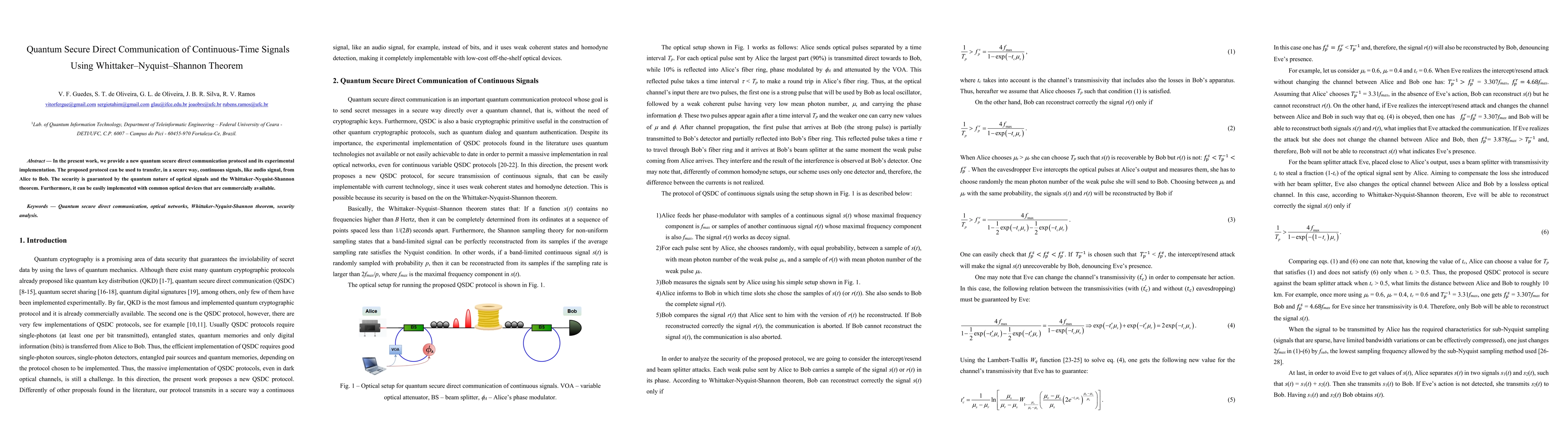 Thumbnail for Quantum secure direct communication of continuous-time signals using
  Whittaker Nyquist Shannon theorem
