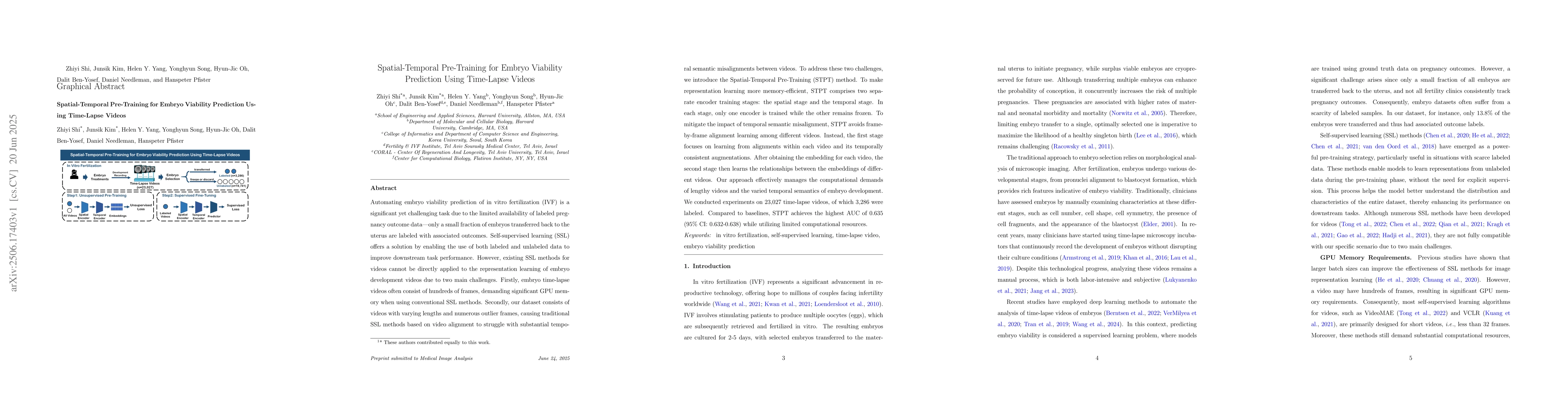 Thumbnail for Spatial-Temporal Pre-Training for Embryo Viability Prediction Using
  Time-Lapse Videos