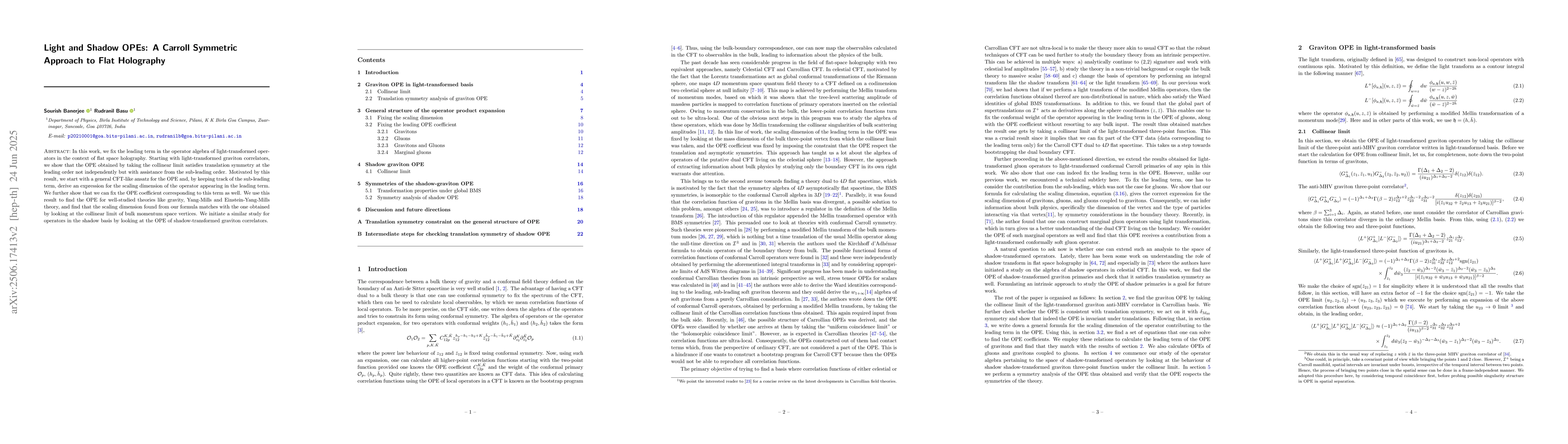 Thumbnail for Light and Shadow OPEs: A Carroll Symmetric Approach to Flat Holography