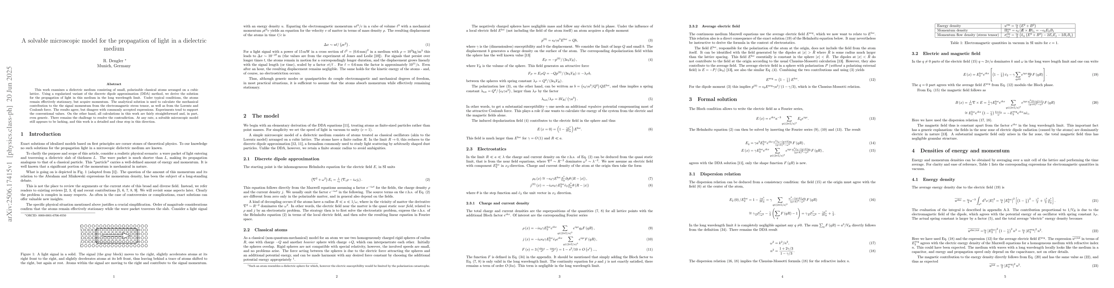 Thumbnail for A solvable microscopic model for the propagation of light in a
  dielectric medium
