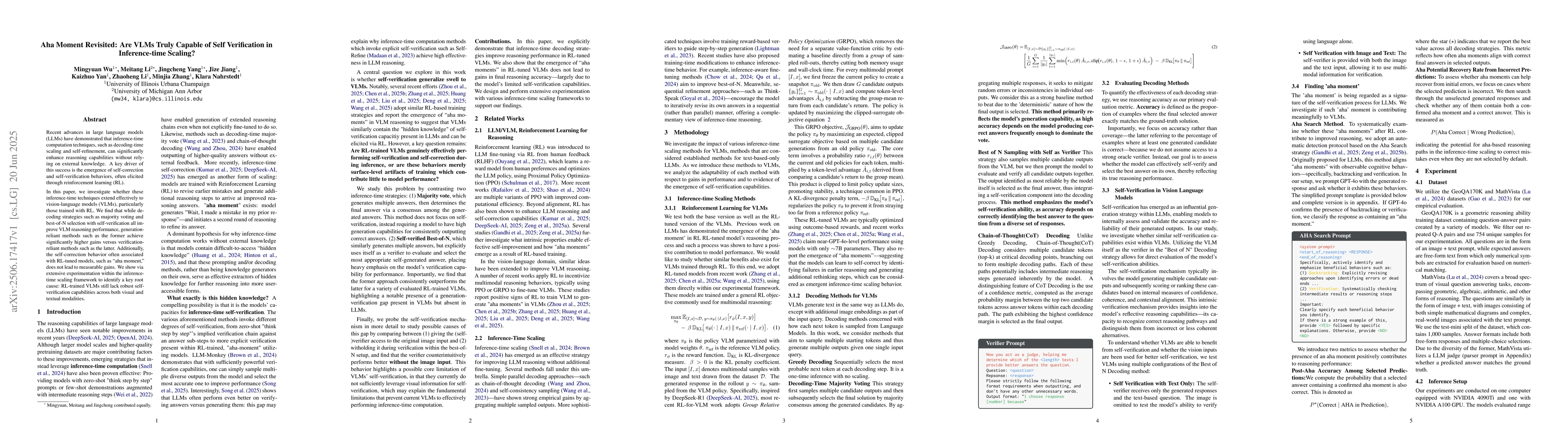 Thumbnail for Aha Moment Revisited: Are VLMs Truly Capable of Self Verification in
  Inference-time Scaling?