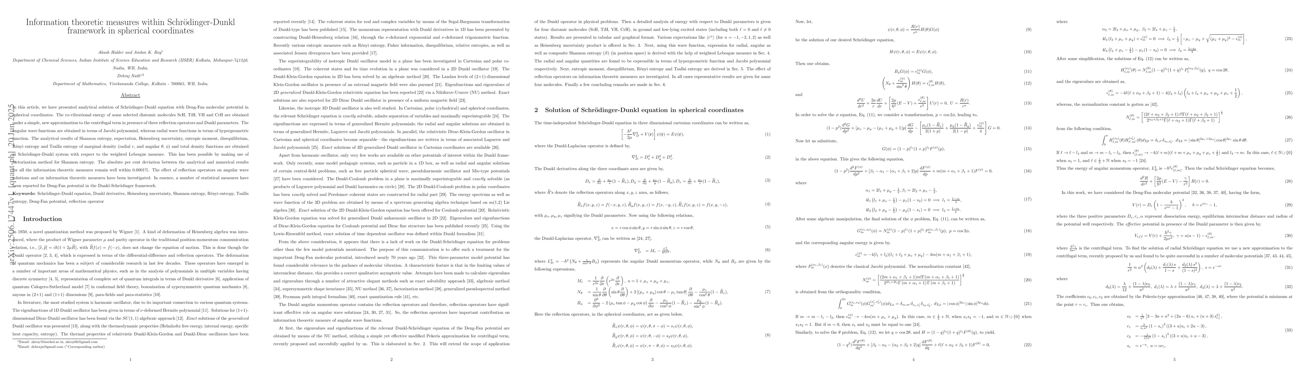 Thumbnail for Information theoretic measures within Schrödinger-Dunkl framework in
  spherical coordinates
