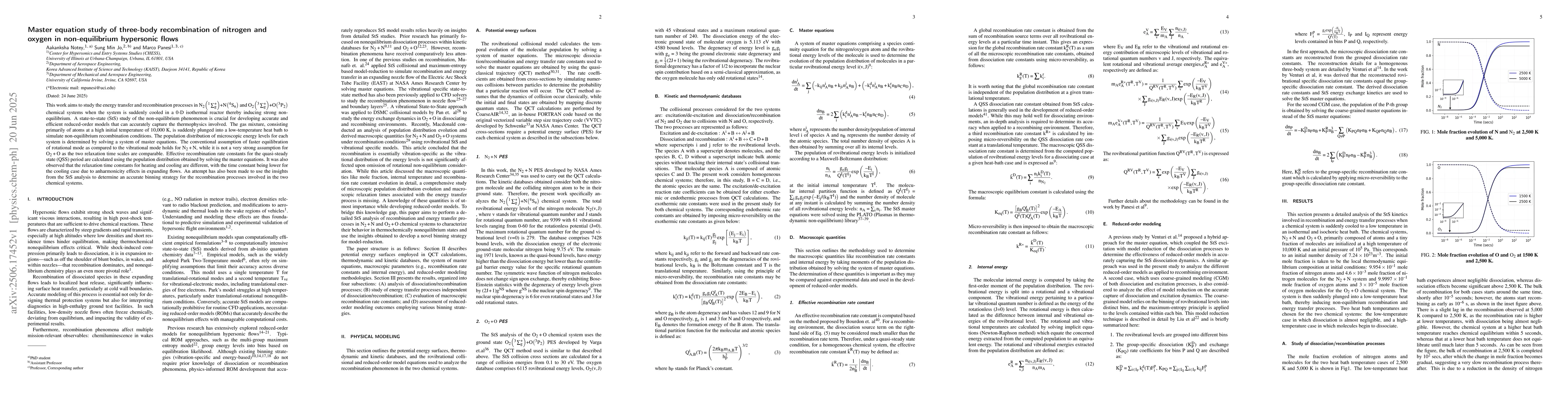Thumbnail for Master equation study of three-body recombination of nitrogen and oxygen
  in non-equilibrium hypersonic flows