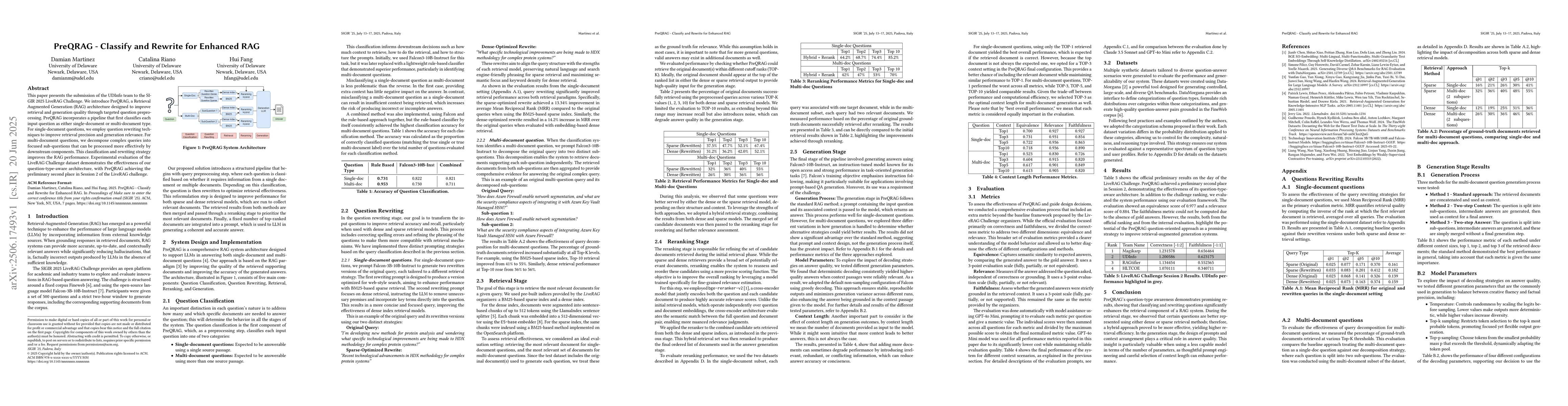 Thumbnail for PreQRAG -- Classify and Rewrite for Enhanced RAG