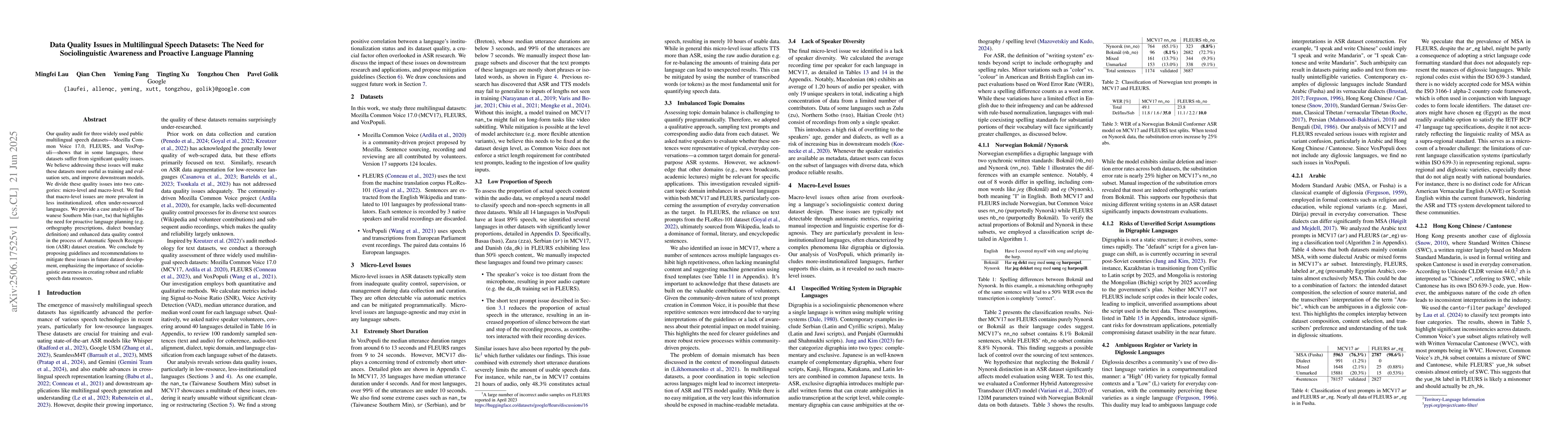 Thumbnail for Data Quality Issues in Multilingual Speech Datasets: The Need for
  Sociolinguistic Awareness and Proactive Language Planning