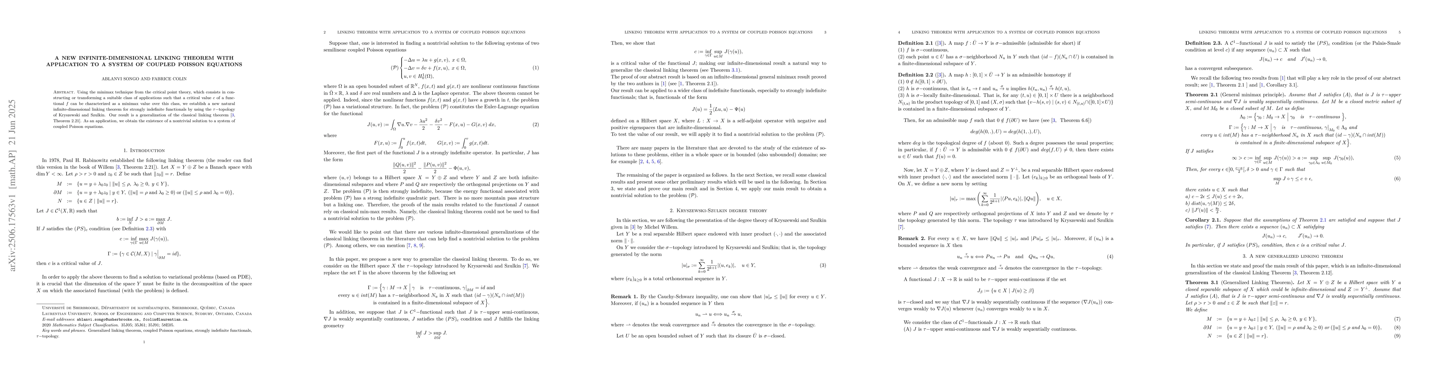 Thumbnail for A new infinite-dimensional Linking theorem with application to a system
  of coupled Poisson equations