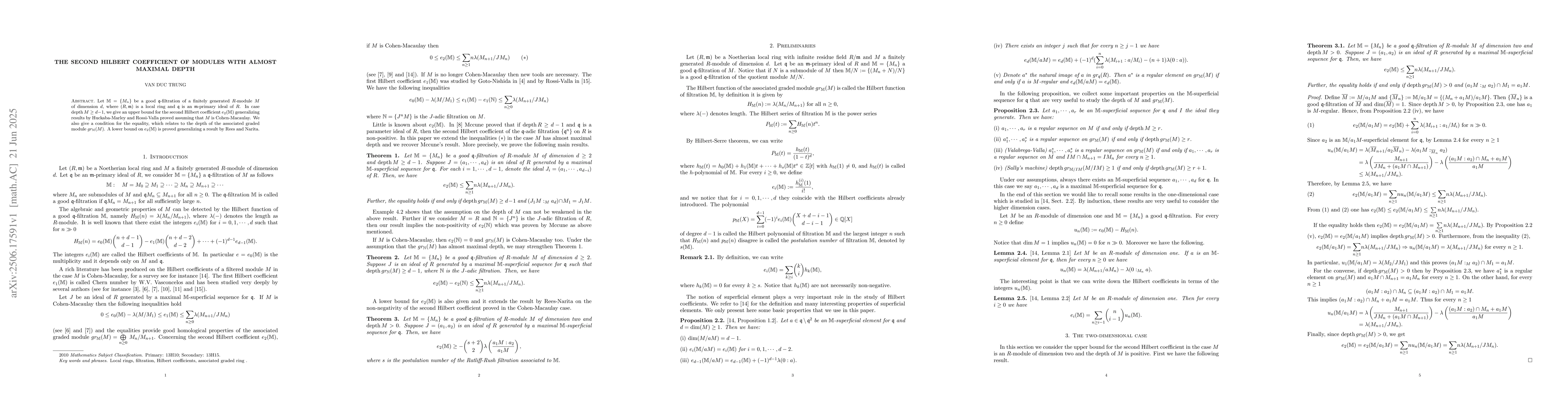 Thumbnail for The second Hilbert coefficient of modules with almost maximal depth