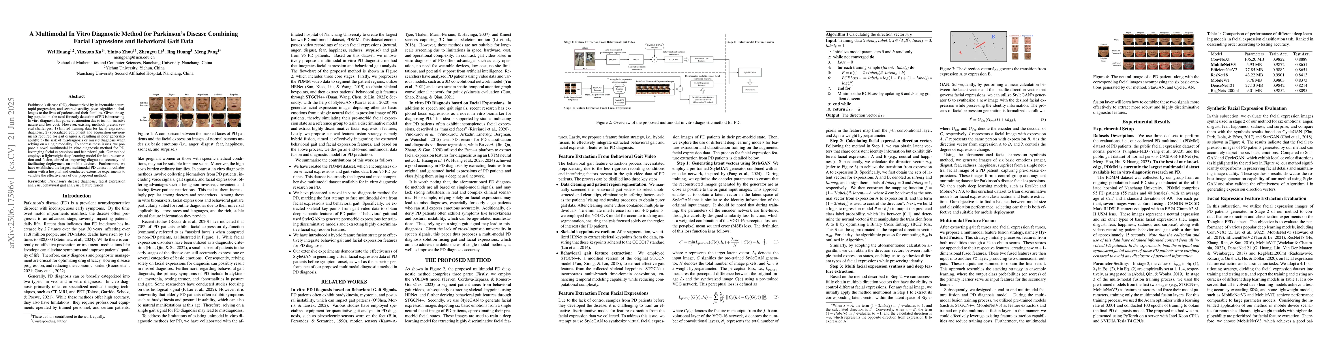 Thumbnail for A Multimodal In Vitro Diagnostic Method for Parkinson's Disease
  Combining Facial Expressions and Behavioral Gait Data