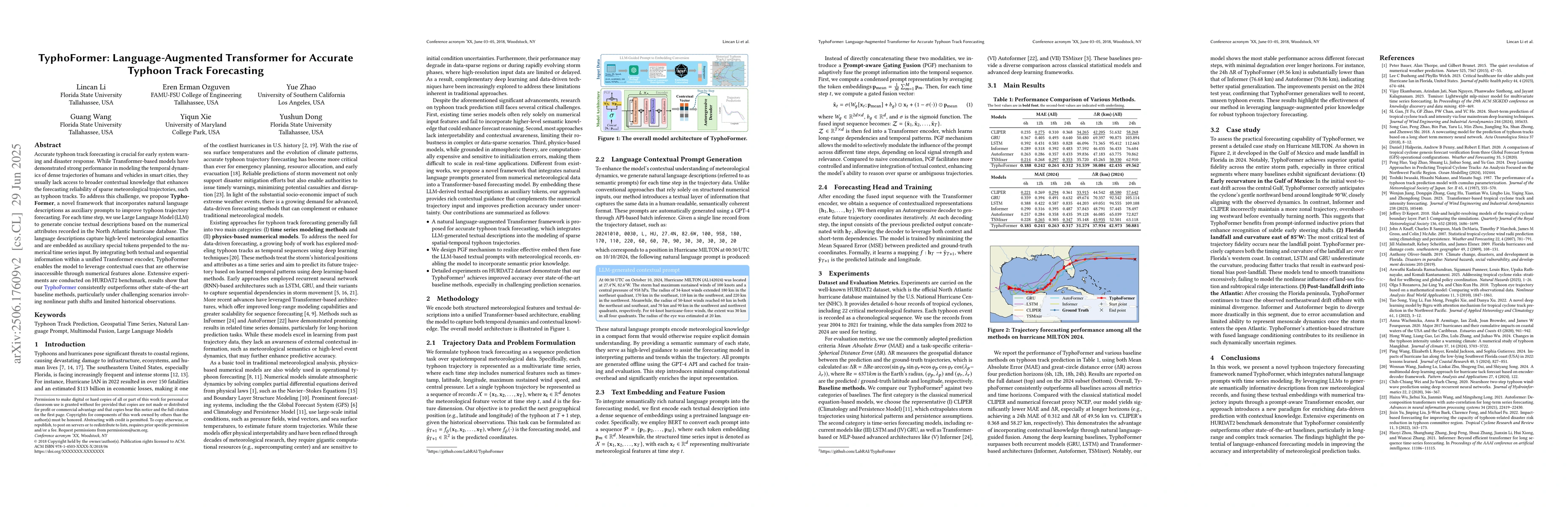 Thumbnail for TyphoFormer: Language-Augmented Transformer for Accurate Typhoon Track
  Forecasting