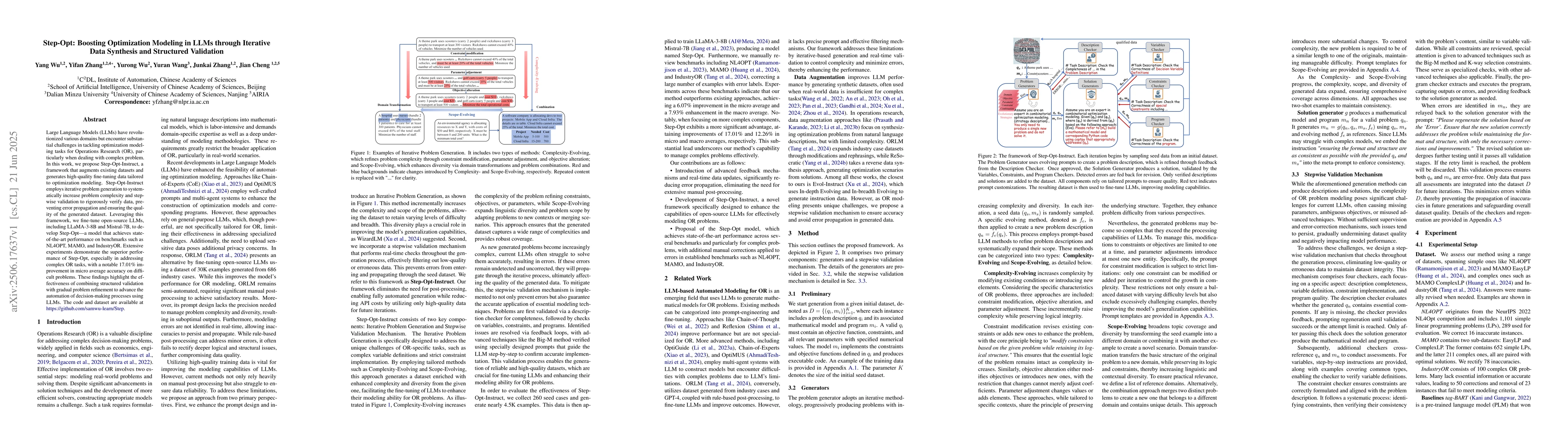 Thumbnail for Step-Opt: Boosting Optimization Modeling in LLMs through Iterative Data
  Synthesis and Structured Validation
