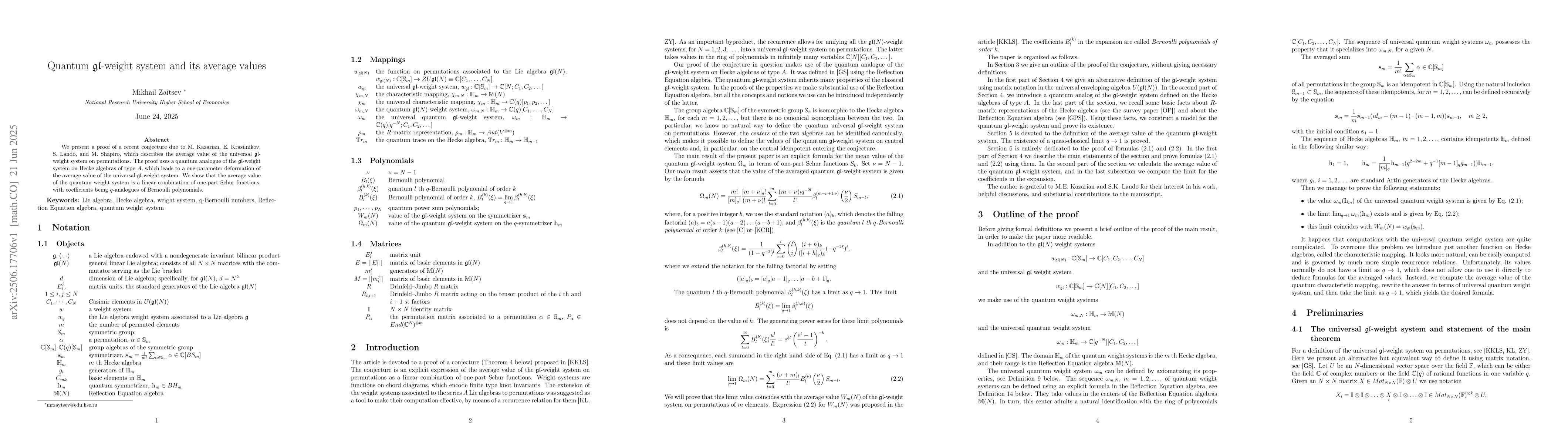 Thumbnail for Quantum $\mathfrak{gl}$-weight system and its average values