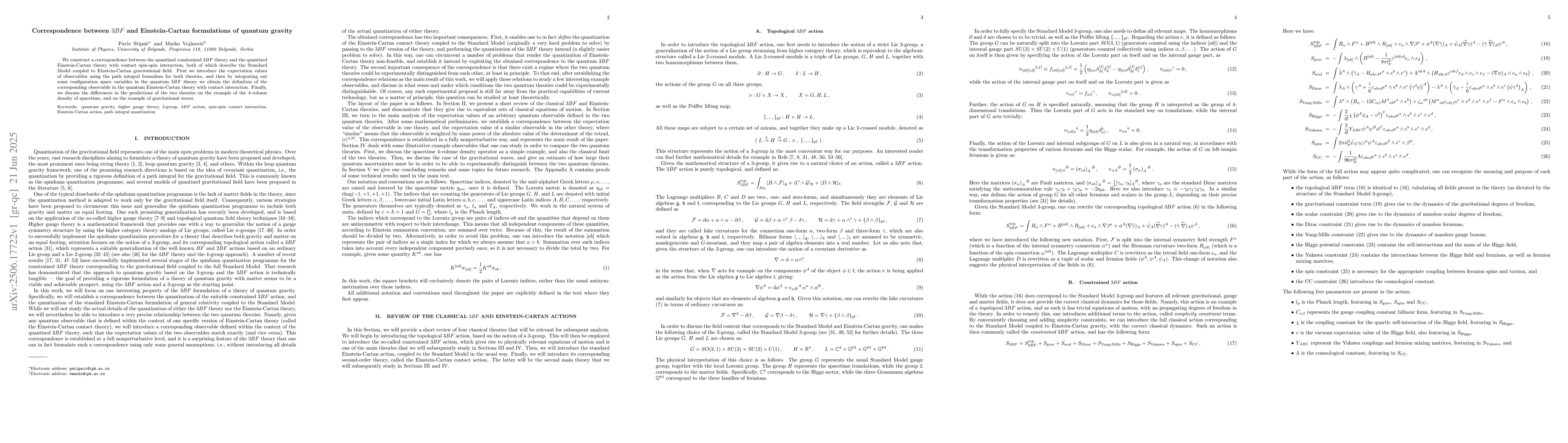 Thumbnail for Correspondence between 3BF and Einstein-Cartan formulations of quantum
  gravity
