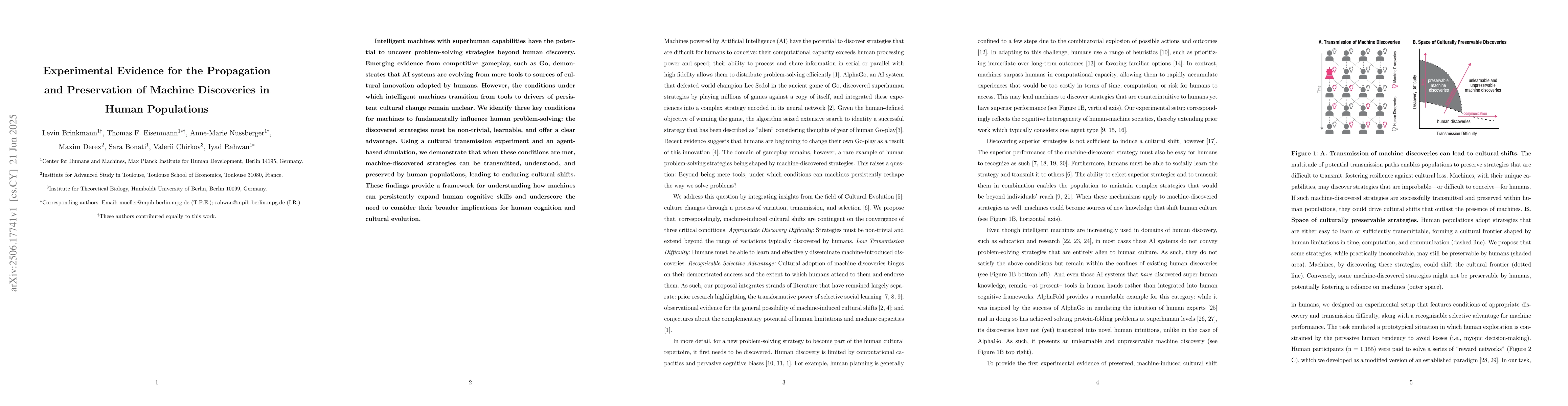 Thumbnail for Experimental Evidence for the Propagation and Preservation of Machine
  Discoveries in Human Populations