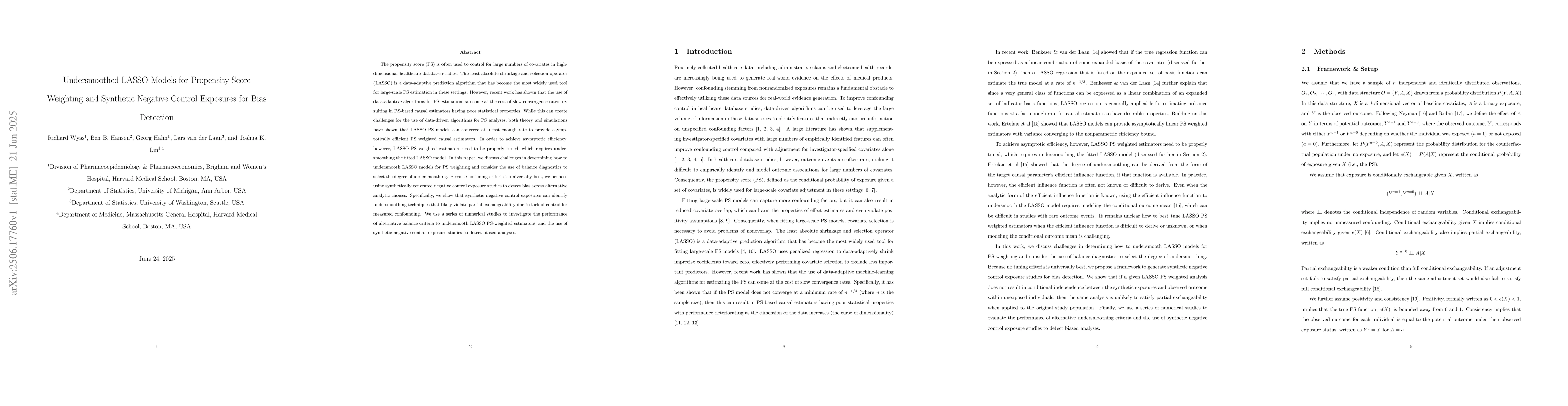 Thumbnail for Undersmoothed LASSO Models for Propensity Score Weighting and Synthetic
  Negative Control Exposures for Bias Detection