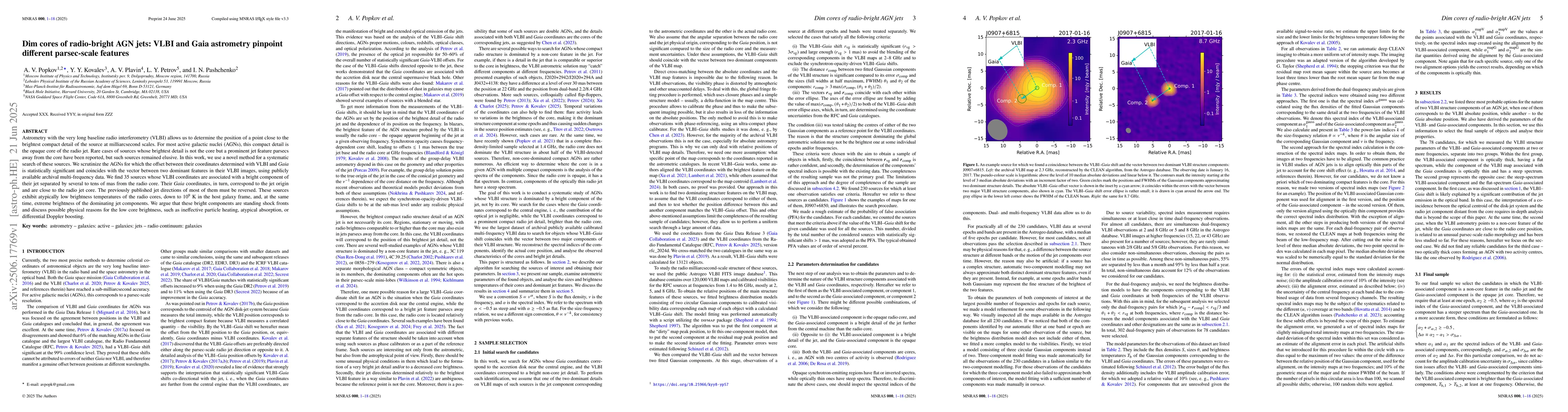 Thumbnail for Dim cores of radio-bright AGN jets: VLBI and Gaia astrometry pinpoint
  different parsec-scale features