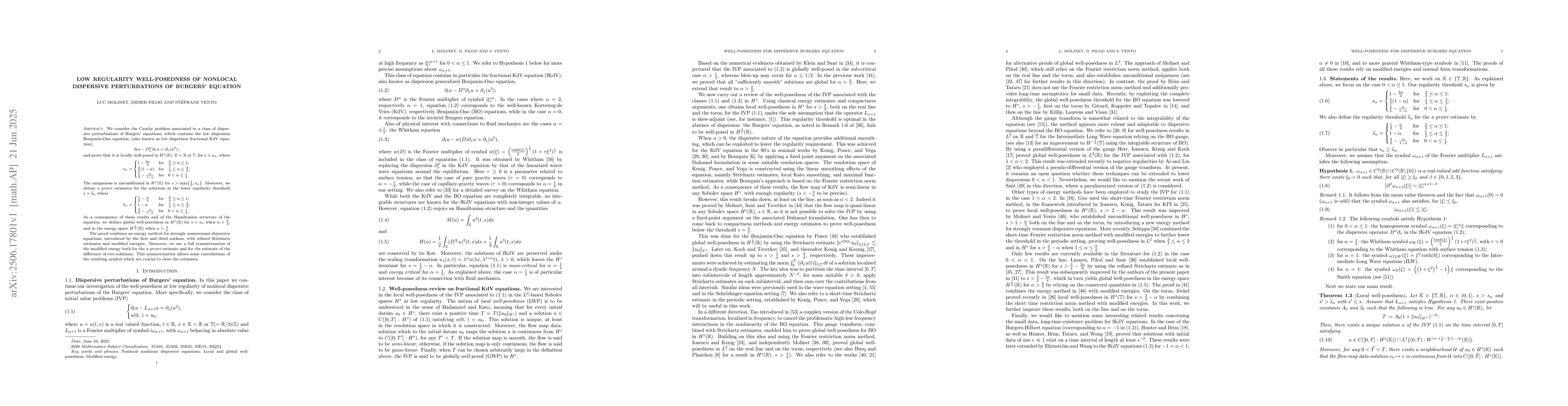 Thumbnail for Low regularity well-posedness of nonlocal dispersive perturbations of
  Burgers' equation