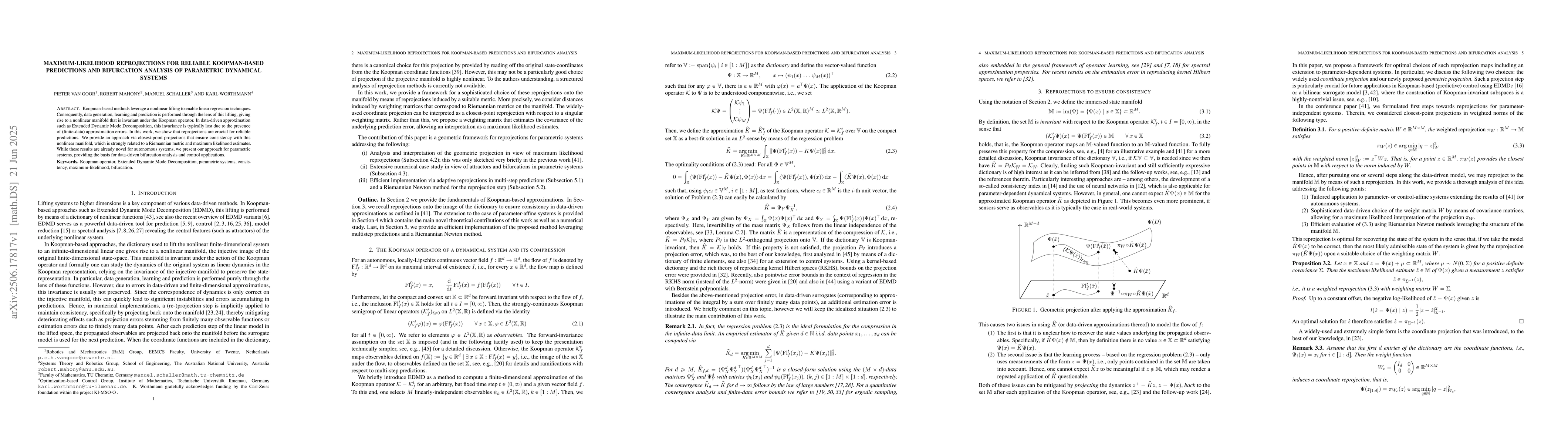 Thumbnail for Maximum-likelihood reprojections for reliable Koopman-based predictions
  and bifurcation analysis of parametric dynamical systems