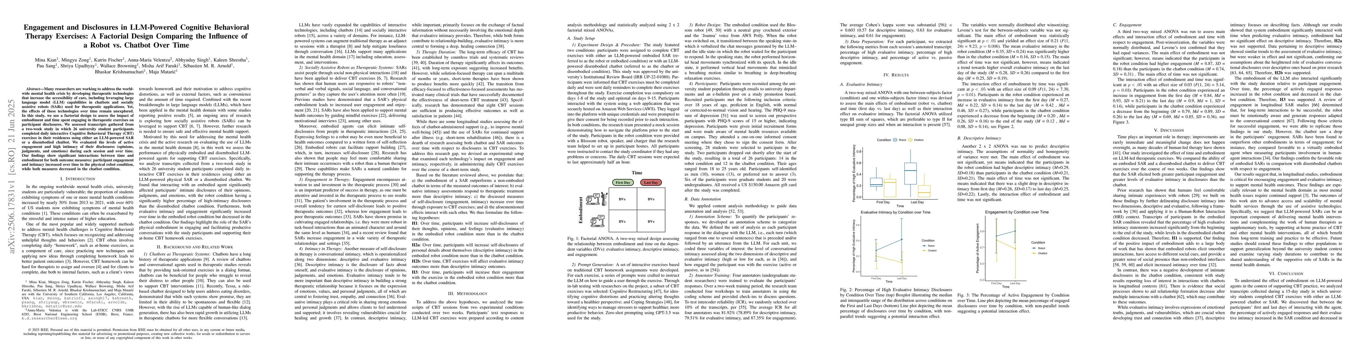 Thumbnail for Engagement and Disclosures in LLM-Powered Cognitive Behavioral Therapy
  Exercises: A Factorial Design Comparing the Influence of a Robot vs. Chatbot
  Over Time