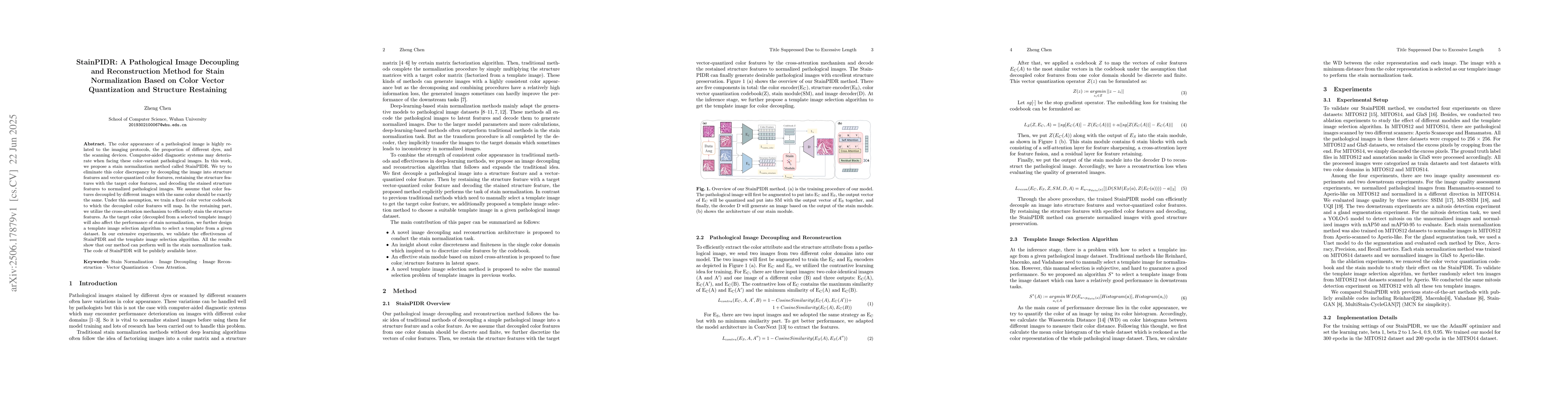 Thumbnail for StainPIDR: A Pathological Image Decouplingand Reconstruction Method for
  Stain Normalization Based on Color Vector Quantization and Structure
  Restaining