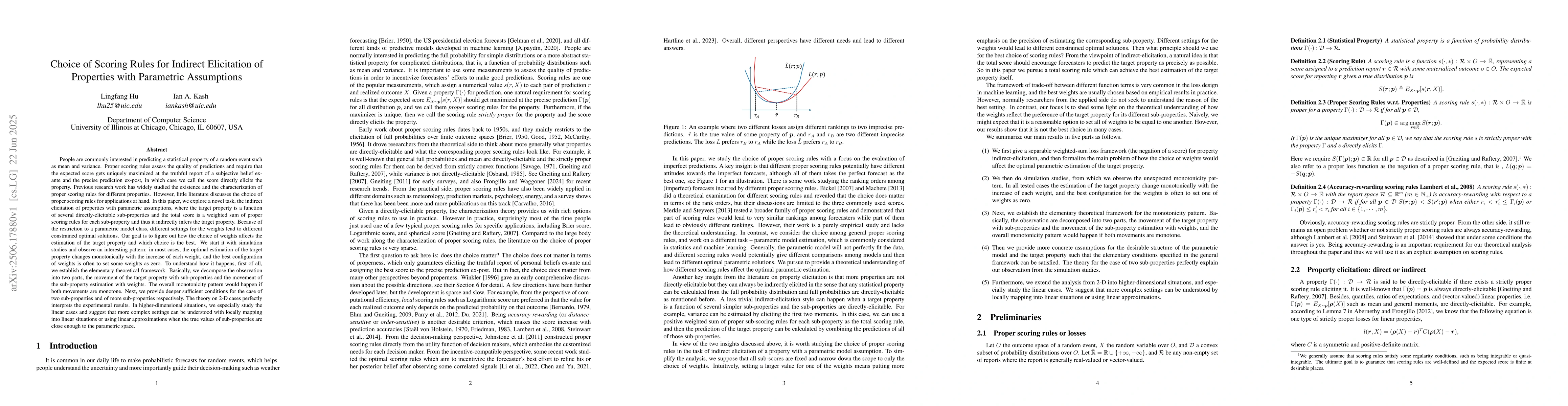 Thumbnail for Choice of Scoring Rules for Indirect Elicitation of Properties with
  Parametric Assumptions