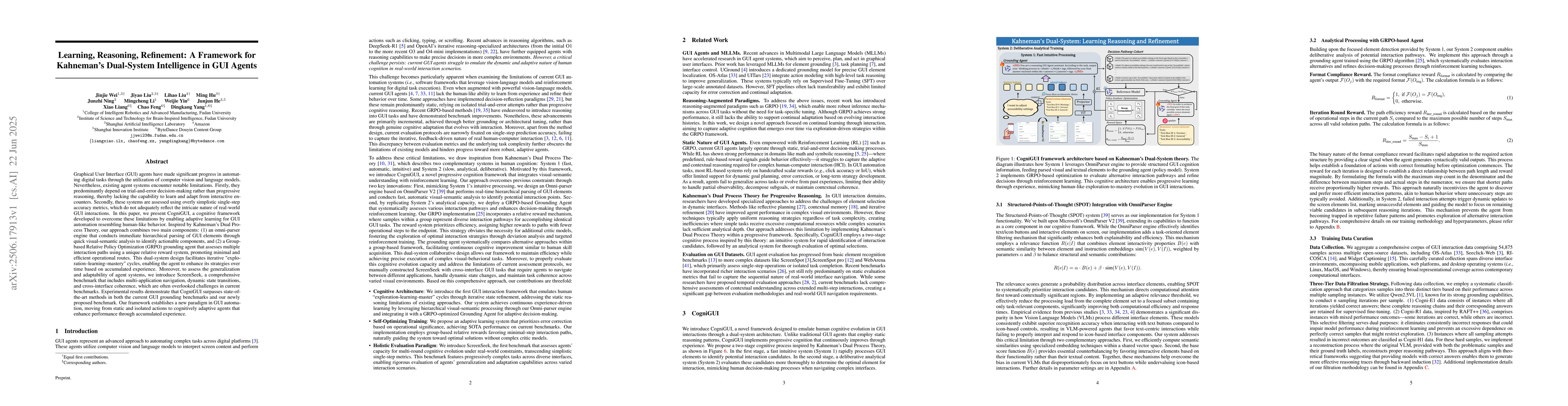 Thumbnail for Learning, Reasoning, Refinement: A Framework for Kahneman's Dual-System
  Intelligence in GUI Agents