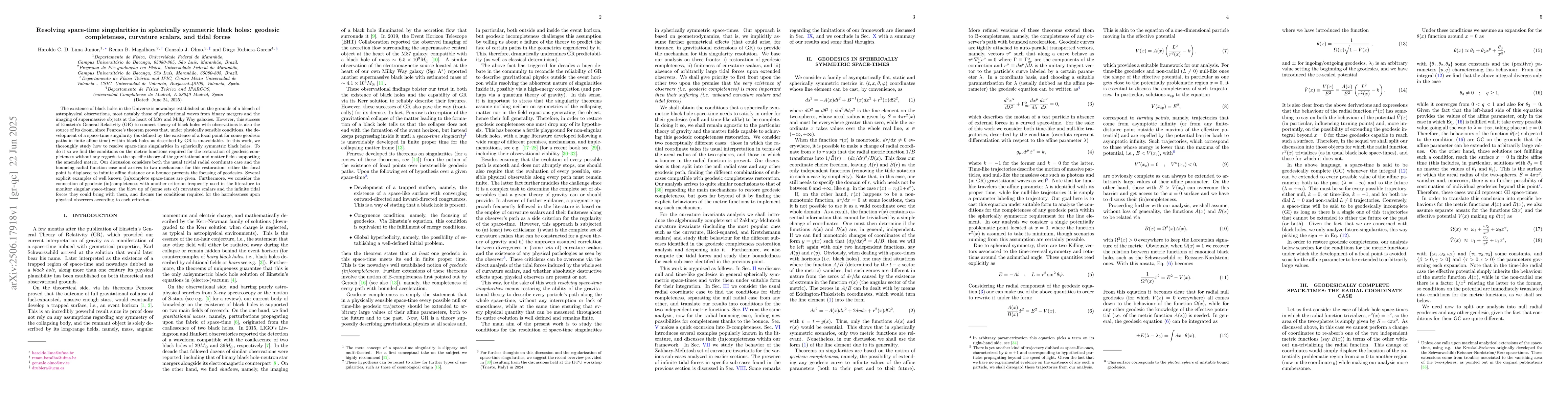 Thumbnail for Resolving space-time singularities in spherically symmetric black holes:
  geodesic completeness, curvature scalars, and tidal forces