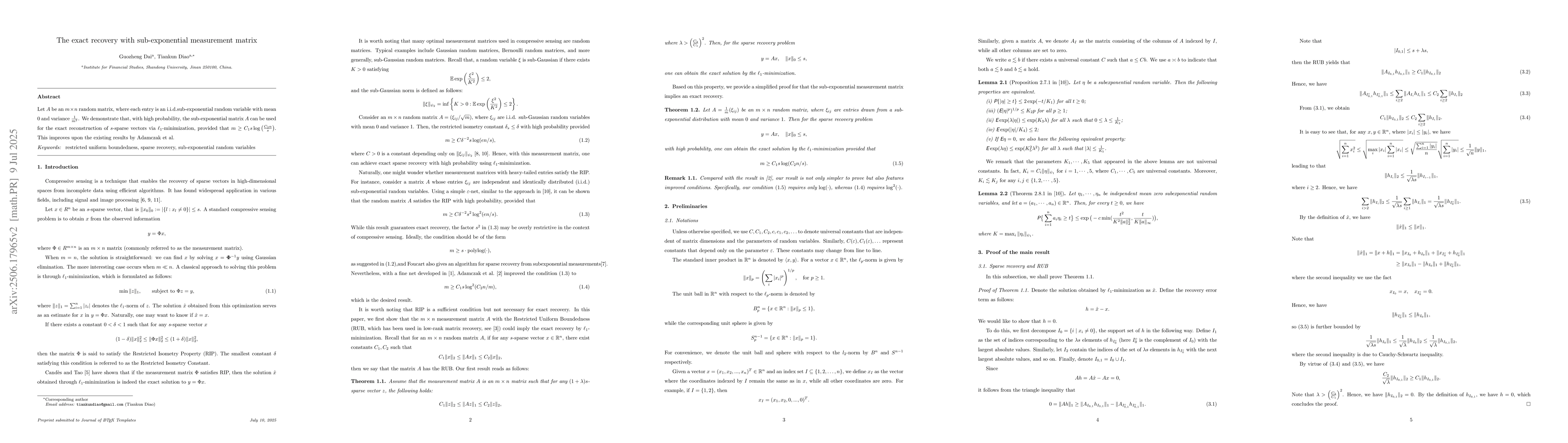 Thumbnail for The exact recovery with sub-exponential measurement matrix