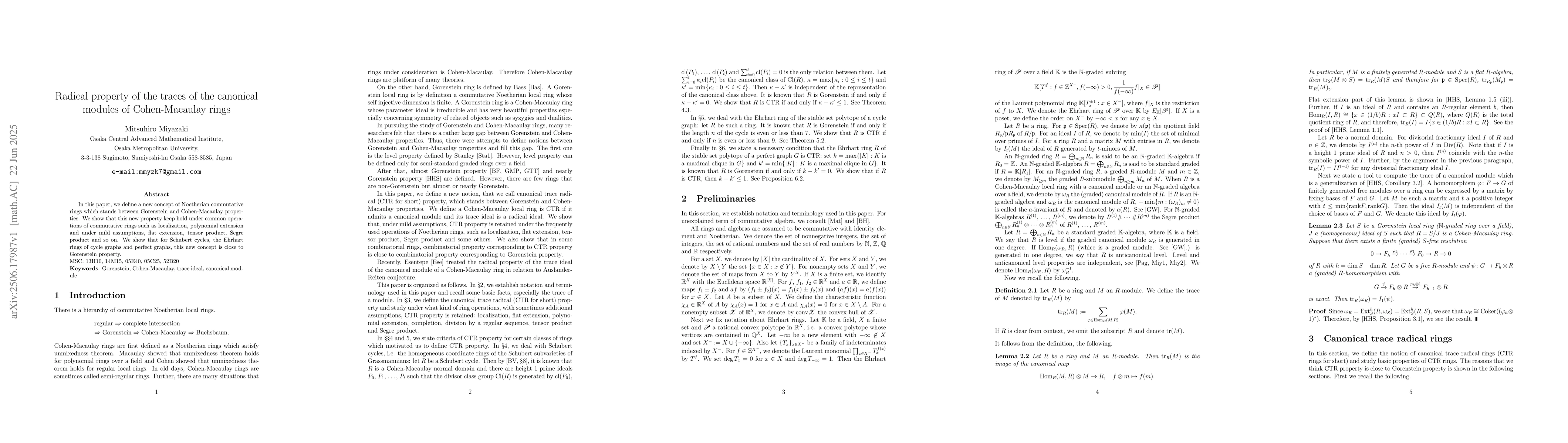 Thumbnail for Radical property of the traces of the canonical modules of
  Cohen-Macaulay rings